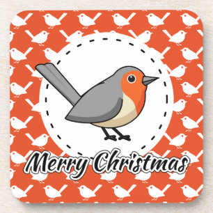 Robin on Orange White Bird Pattern - Merry Xmas Getränkeuntersetzer