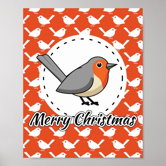 Robin on Orange White Bird Pattern - Merry Xmas Poster (Vorne)