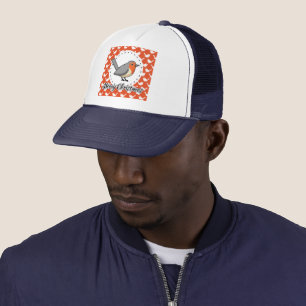 Robin on Orange White Bird Pattern - Merry Xmas Truckerkappe