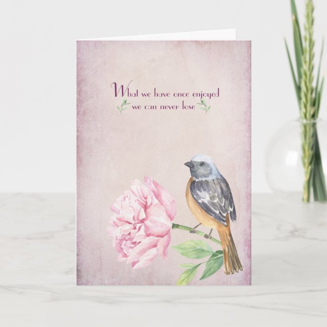 Robin on Peony Sympathy Card Karte (Vorderseite)