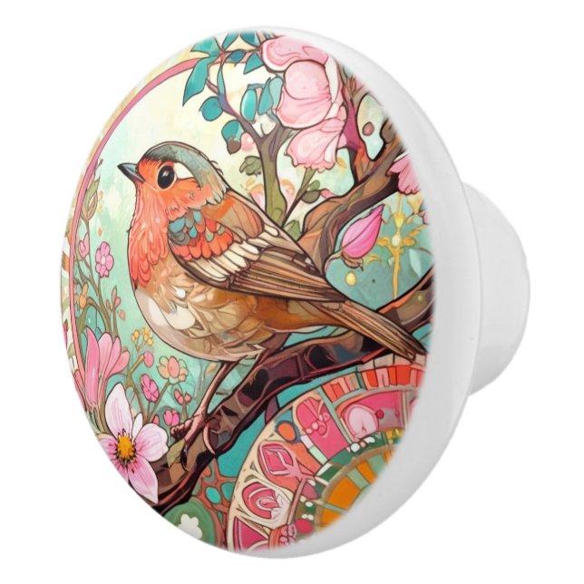 Robin Red Breast Bird Rosa Blütenblumen Keramikknauf (Rechts)