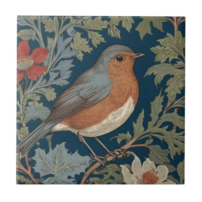Robin Red Breast Bird William Morris Stil Richtig Fliese (Vorderseite)