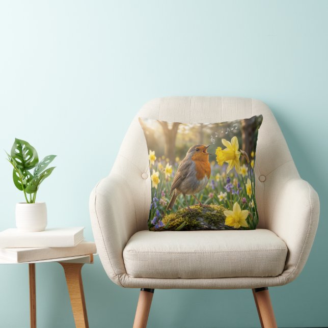 Robin Singing Into a Daffodil Kissen (Stuhl )