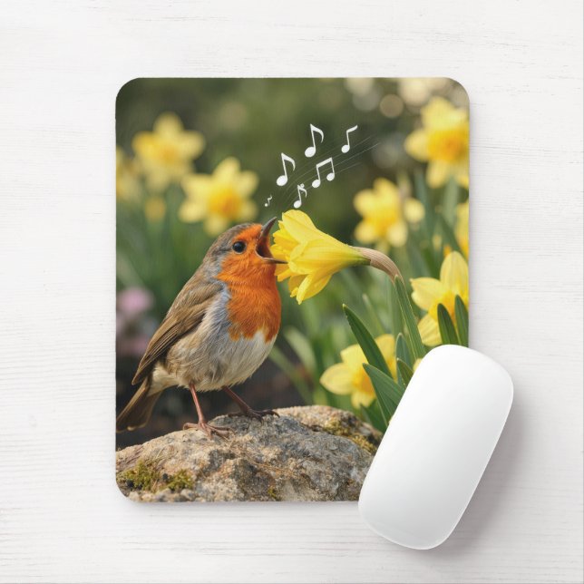 Robin Singing into a Spring Daffodil Mousepad (Mit Mouse)