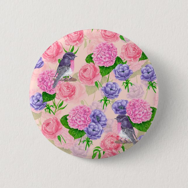 Robin und Blume, Aquarellmuster Button (Vorderseite)