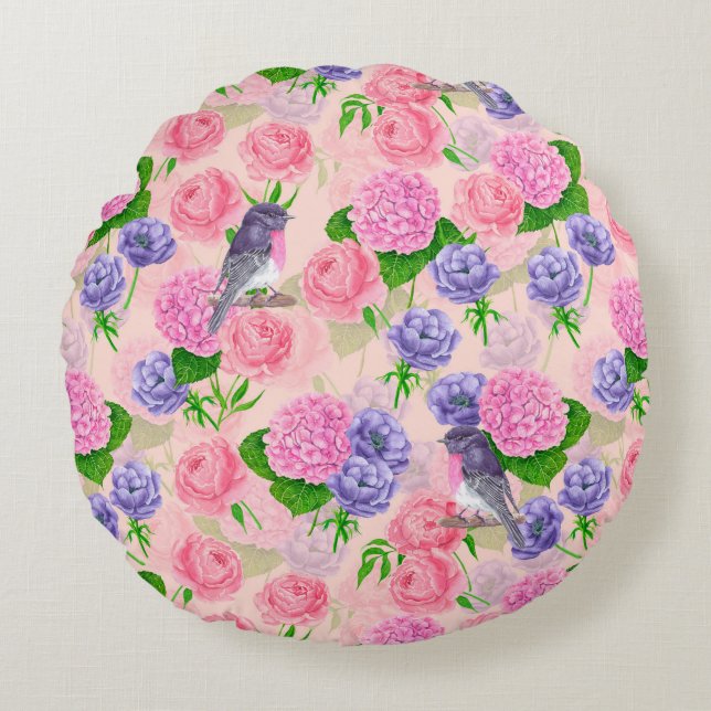 Robin und Blume, Aquarellmuster Rundes Kissen (Vorderseite)