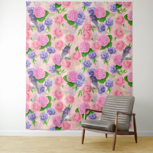 Robin und Blume, Aquarellmuster Wandteppich