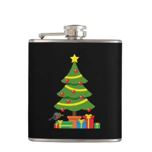 Robin und farbenfrohe Geschenke unter Weihnachtsba Flachmann