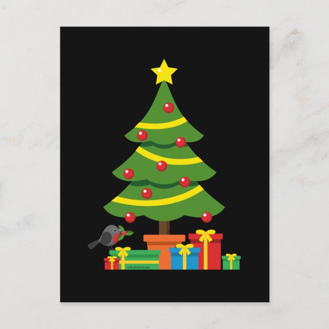 Robin und farbenfrohe Geschenke unter Weihnachtsba Postkarte (Vorderseite)