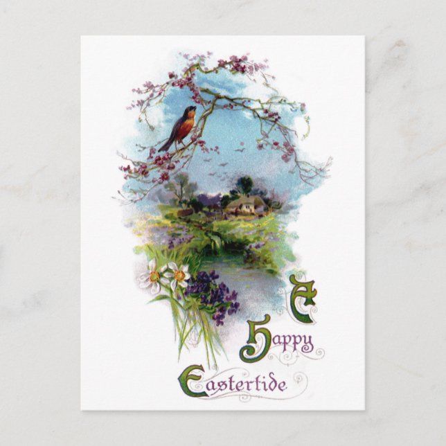 Robin und Frühlingsblumen Vintag Ostern Feiertagspostkarte (Vorderseite)