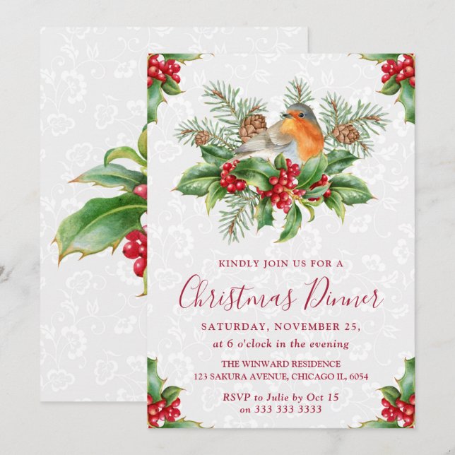 Robin und Holly Berry Weihnachtsessen Einladung (Vorne/Hinten)