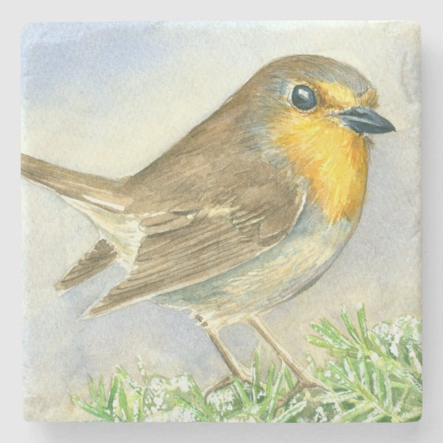Robin-Vogel auf einer mattierten Wachposten Steinuntersetzer (Vorderseite)