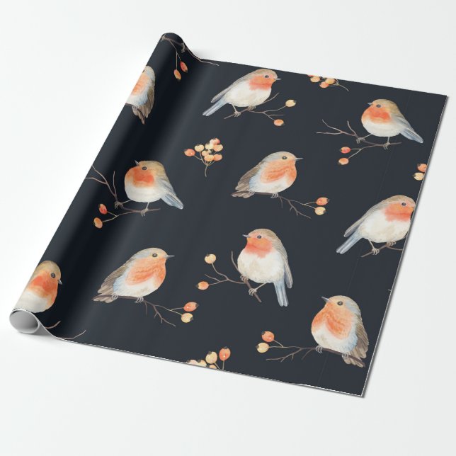 Robin-Vögel und Beerenrowan auf trockenen Zweigen, Geschenkpapier (Ungerollt)