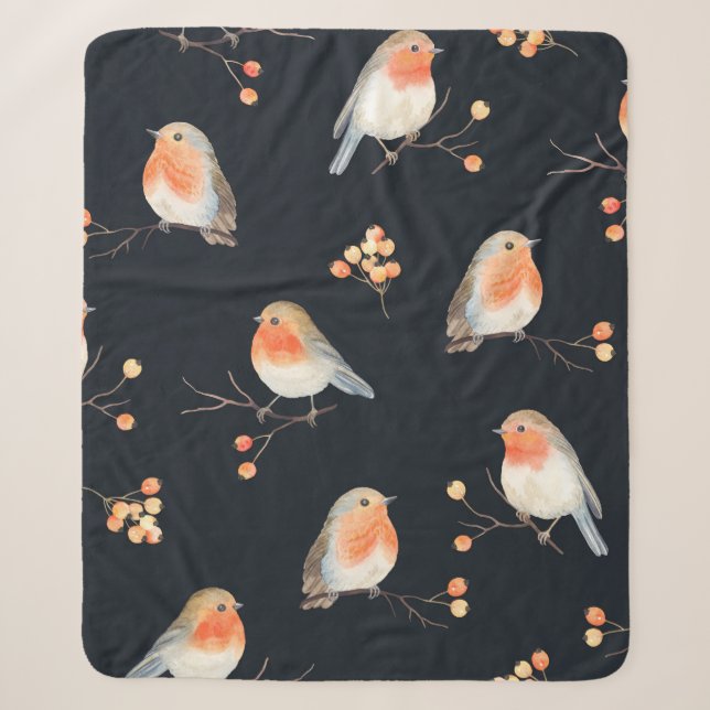 Robin-Vögel und Beerenrowan auf trockenen Zweigen, Sherpadecke (Vorderseite)