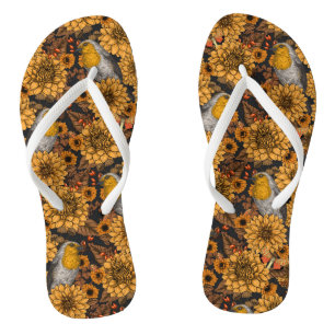 Robinen im Herbstgarten auf schwarz Flip Flops