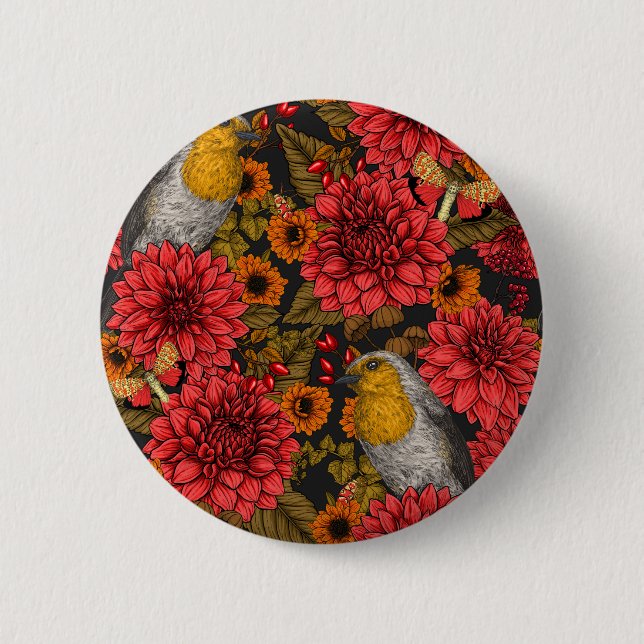 Robinen im Herbstgarten, rote Dahlien auf schwarz Button (Vorderseite)