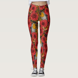 Robinen im Herbstgarten, rote Dahlien auf schwarz Leggings
