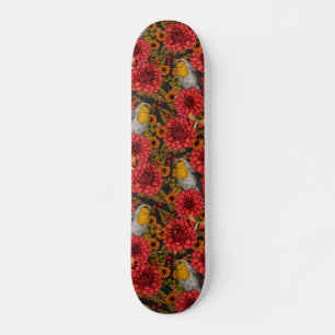 Robinen im Herbstgarten, rote Dahlien auf schwarz Skateboard