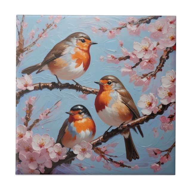 Robinen und Kirschblüten Fliese (Vorderseite)