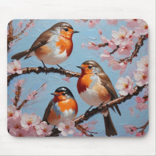 Robinen und Kirschblüten Mousepad