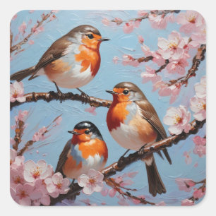 Robinen und Kirschblüten Quadratischer Aufkleber