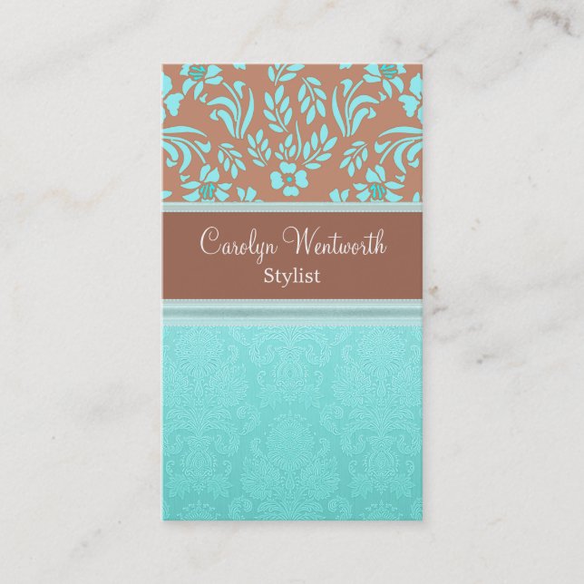 Robins Egg Blue and Brown Damask Business Card Visitenkarte (Vorderseite)