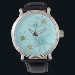 Robin's Egg Blue Atomic Sternexplosion eWatch Armbanduhr<br><div class="desc">Dieses robuste Ei Blue Iconic Atomic Sternexplosion eWatch-Muster zeichnet sich durch eine ikonische atomare Sternexplosion aus. Das ist richtig! Die alte Schule, robinfarbener Hintergrund mit goldenen Falten ist der perfekte Hintergrund für die lebendigen, türkisfarbenen, beruhigenden Sellerie und die kitschigen Birnen-grünen Kreise. Die Farbflecken sind sporadisch in verschiedenen Größen platziert, mit...</div>