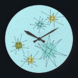 Robin's Egg Blue Atomic Sternexplosion Wall Clock Große Wanduhr<br><div class="desc">Die robuste, blaue, ionische Atomic-Sternexplosion der Robin-Armbanduhr zeichnet sich durch ihre atomaren Sternexplosionen aus. Das ist richtig! Die alte Schule, robinfarbener Hintergrund mit goldenen Falten ist der perfekte Hintergrund für die lebendigen, türkisfarbenen, beruhigenden Sellerie und die kitschigen Birnen-grünen Kreise. Die Farbflecken sind sporadisch in verschiedenen Größen platziert, mit überlegenen schwarz-V-förmigen...</div>