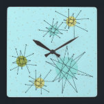 Robin's Egg Blue Atomic Sternexplosion Wall Clock Quadratische Wanduhr<br><div class="desc">Dieses robuste Ei Blue Iconic Atomic Sternexplosion Square Acrylic Wall Clock-Muster zeichnet sich durch die idealen atomaren Sternexplosionen aus. Das ist richtig! Die alte Schule, robinfarbener Hintergrund mit goldenen Falten ist der perfekte Hintergrund für die lebendigen, türkisfarbenen, beruhigenden Sellerie und die kitschigen Birnen-grünen Kreise. Die Farbflecken sind sporadisch in verschiedenen...</div>