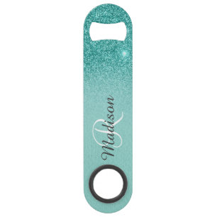 Robin's Egg Blue Imitats Glitzer Ombre Monogram Speed Flaschenöffner