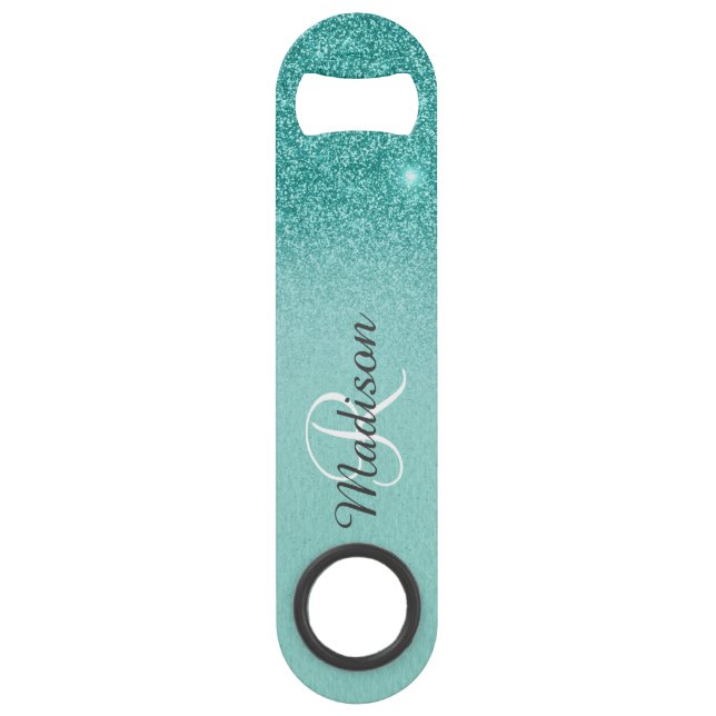 Robin's Egg Blue Imitats Glitzer Ombre Monogram Speed Flaschenöffner (Vorderseite)