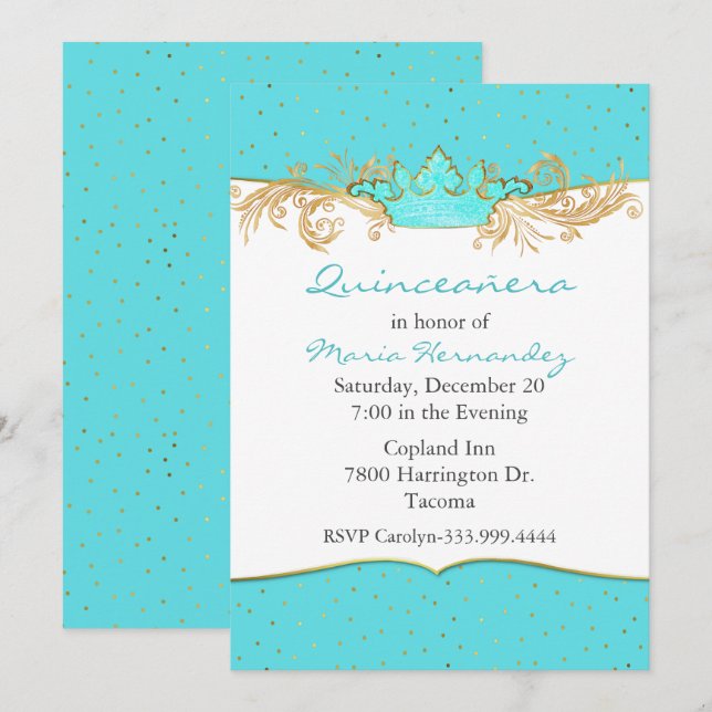 Robins Egg Blue und Gold Quinceñera Einladung (Vorne/Hinten)
