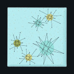 Robin's Ei Blue Atomic Sternexplosion Square Magne Magnet<br><div class="desc">Dieses robuste Ei Blue Iconic Atomic Sternexplosion Square Magnet-Muster zeichnet sich durch die ikonischen atomaren Sternexplosionen aus. Das ist richtig! Die alte Schule, robinfarbener Hintergrund mit goldenen Falten ist der perfekte Hintergrund für die lebendigen, türkisfarbenen, beruhigenden Sellerie und die kitschigen Birnen-grünen Kreise. Die Farbflecken sind sporadisch in verschiedenen Größen platziert,...</div>