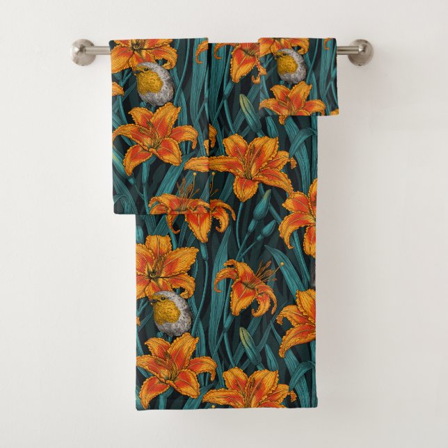 Robins et fleurs de lys, orange et bleu (En situation)
