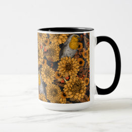 Robins in the autumn garden on black tasse