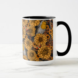 Robins in the autumn garden on black tasse