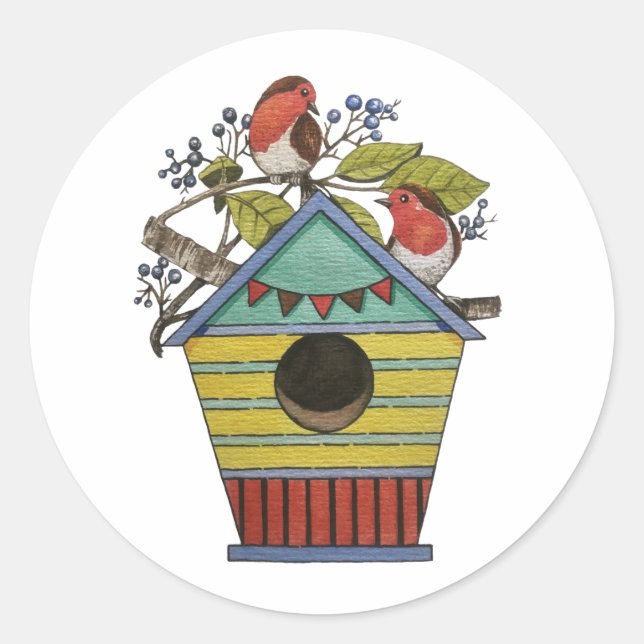 Robins mit Blueberries und Birdhouse Art Runder Aufkleber (Vorderseite)
