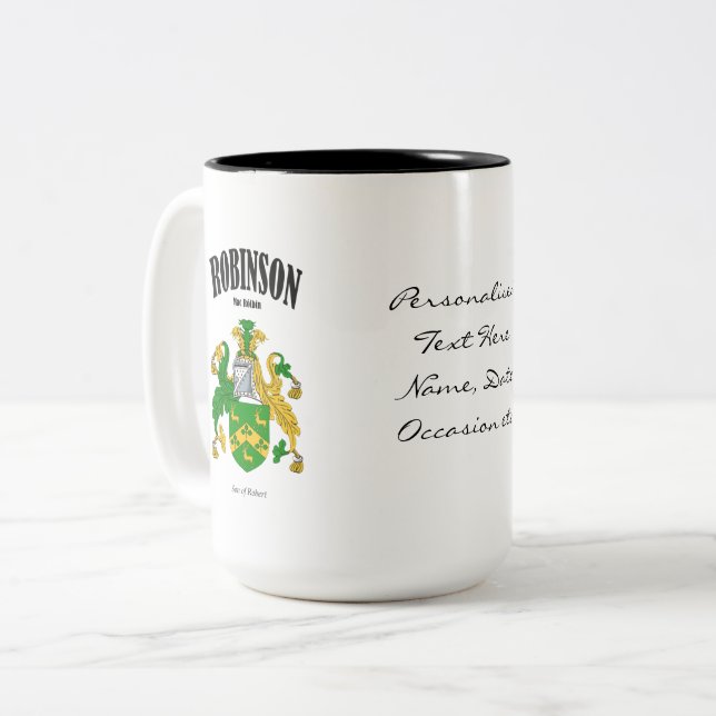 Robinson Familienwappen, Translation & Meaning Zweifarbige Tasse (Vorderseite Links)