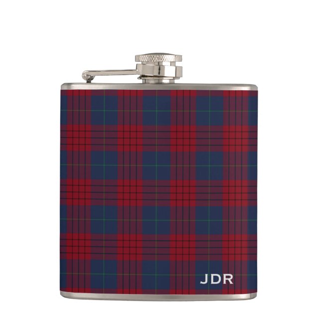 Robinson Tartan Monogram Navy Blue und Red Kariert Flachmann (Vorderseite)