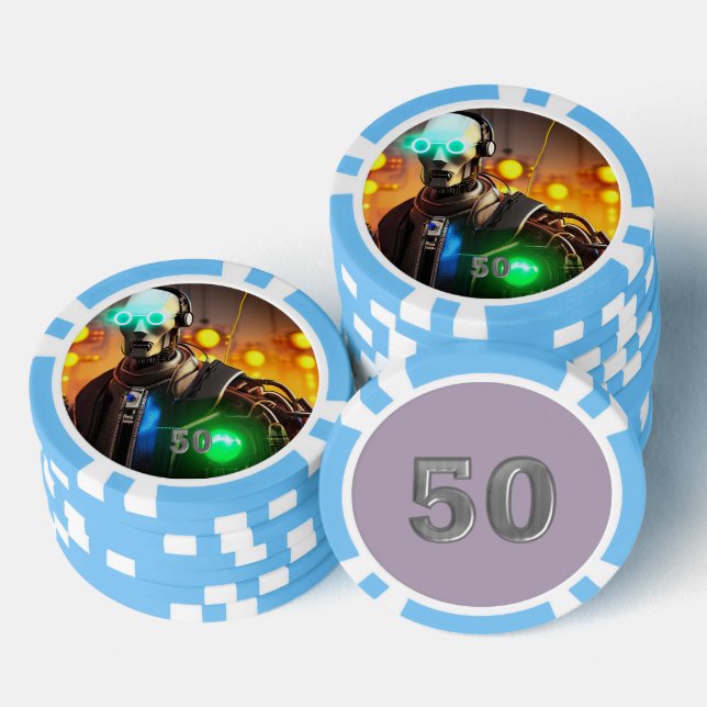 Robot 2 hellblau 50 gestreifter Poker-Chip Pokerchips (Stapel)