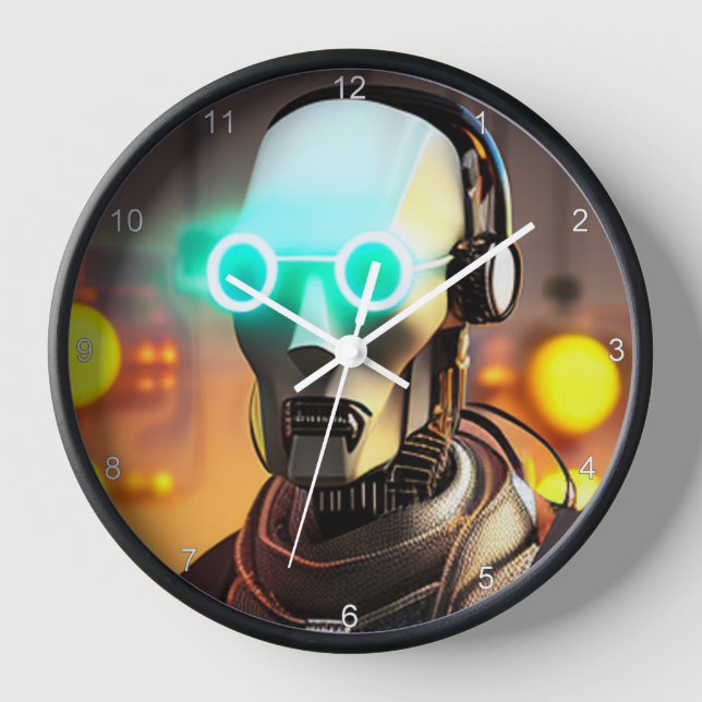 Robot 2 schwarze Wanduhr mit Zahlen (Vorderseite)