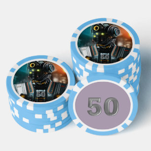 Robot 3 hellblau 50 gestreifter Poker-Chip Pokerchips