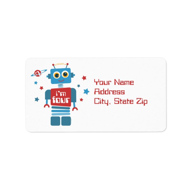 Robot 4. Geburtstagslabel Adressaufkleber (Vorne)
