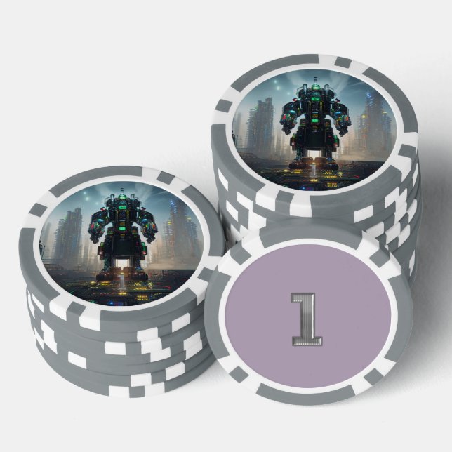 Robot 4 grau 1 gestreifter Poker-Chip Pokerchips (Stapel)