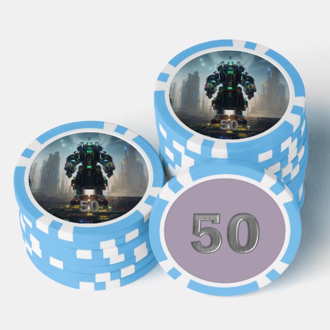 Robot 4 hellblau 50 gestreifter Poker-Chip Pokerchips (Stapel)