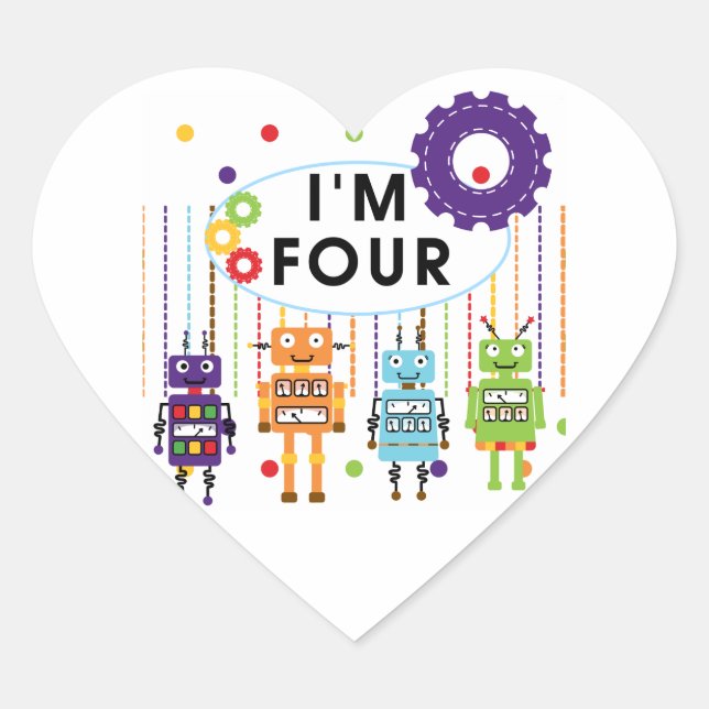 Robot 4th Birthday Tshirts und Geschenke Herz-Aufkleber (Vorderseite)
