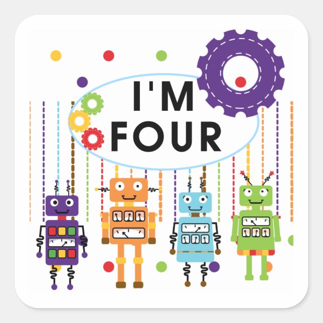 Robot 4th Birthday Tshirts und Geschenke Quadratischer Aufkleber (Vorderseite)