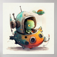 "Robot Alien en vaisseau spatial" - Poster aquarel