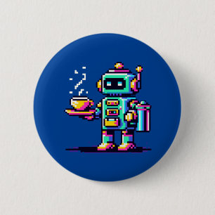 Robot Barista - Pixel Art Coffee Lover Design Button