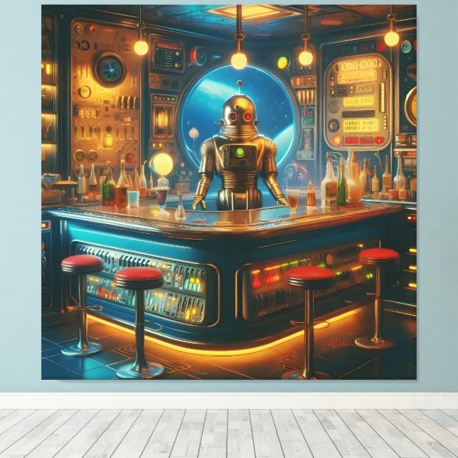 Robot Bartender in Interstellar Space Age Dive Bar Leinwanddruck (Insitu (Holzboden))